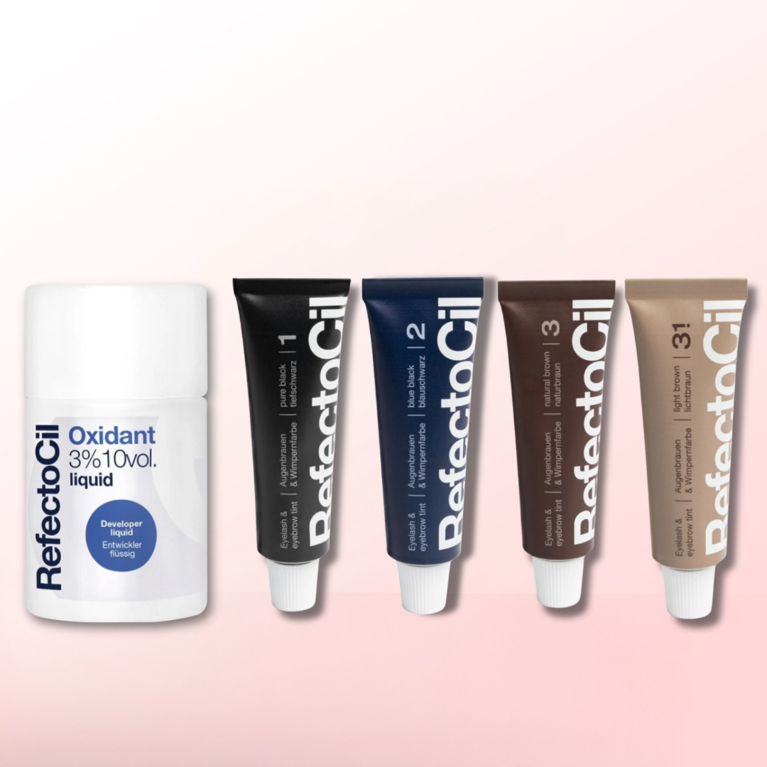 Set of RefectoCil products including a jar and four tubes on a pink background