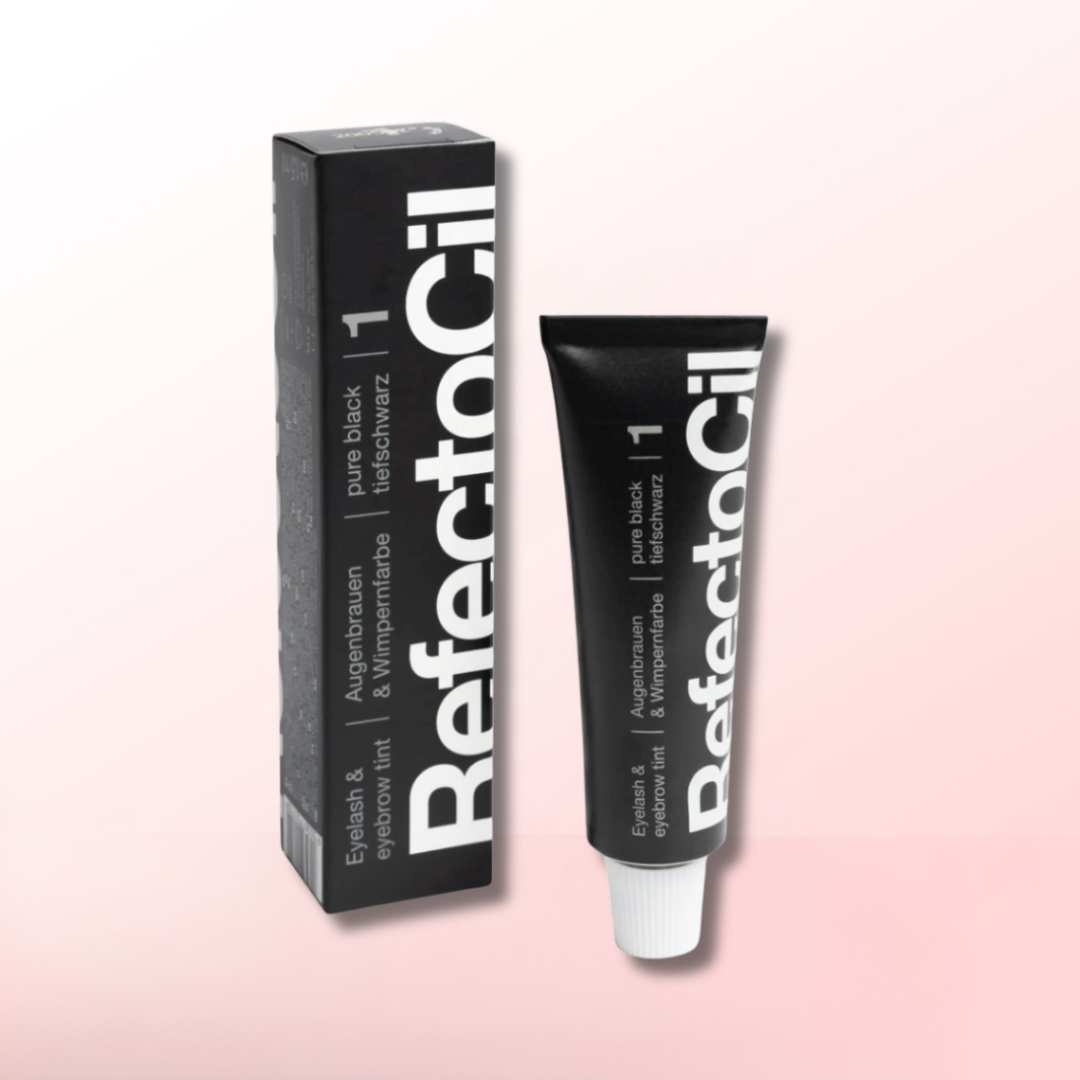 RefectoCil eyelash and eyebrow tint with packaging on a pink background